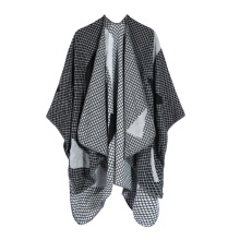 Chaqueta de punto de poncho de gran tamaño a cuadros reversible con abrigo de bufanda de invierno para mujer